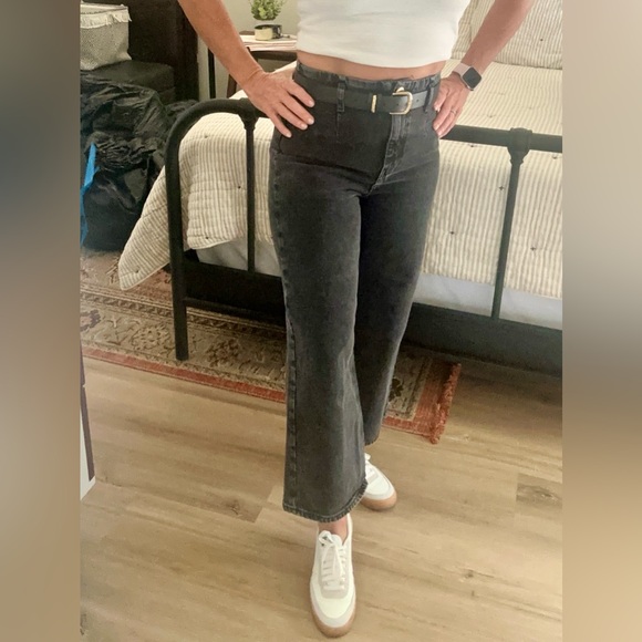 Zara Belted High Rise Crop Wide Leg Dark Jeans - Picture 3 of 10